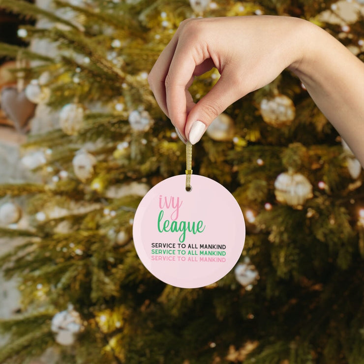 Ivy League Pink and Green Glass Ornament