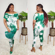 Women's green and white tie dye off the shoulder jumpsuit. - PNK Boutique