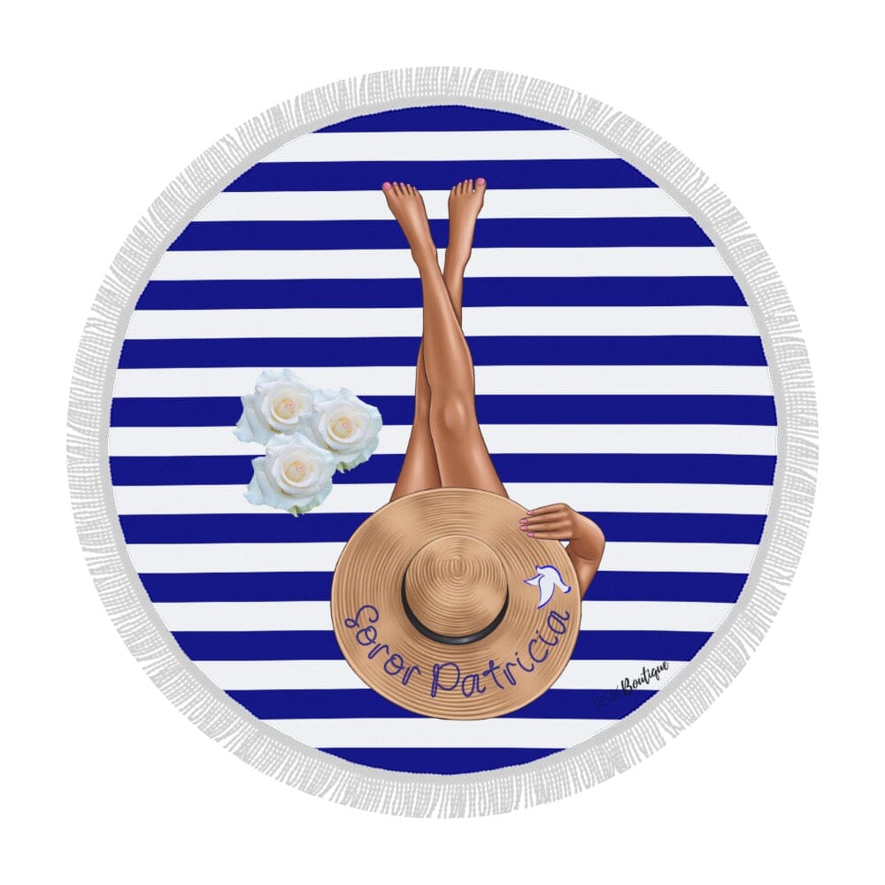 Blue and White Personalized Round Beach Towel