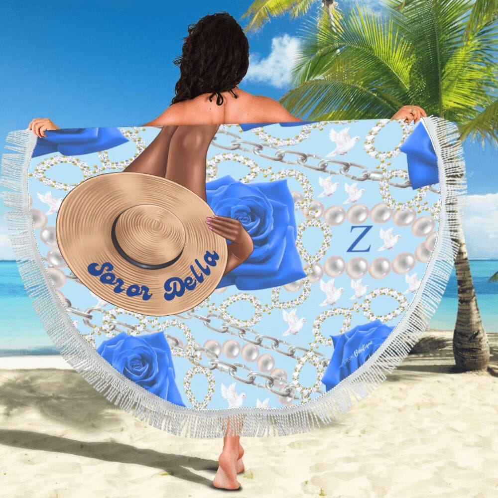 Blue and White Personalized Round Beach Towel