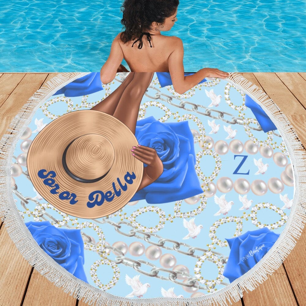 Blue and White Personalized Round Beach Towel