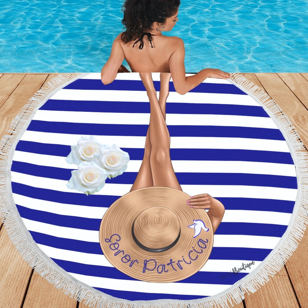 Blue and White Personalized Round Beach Towel