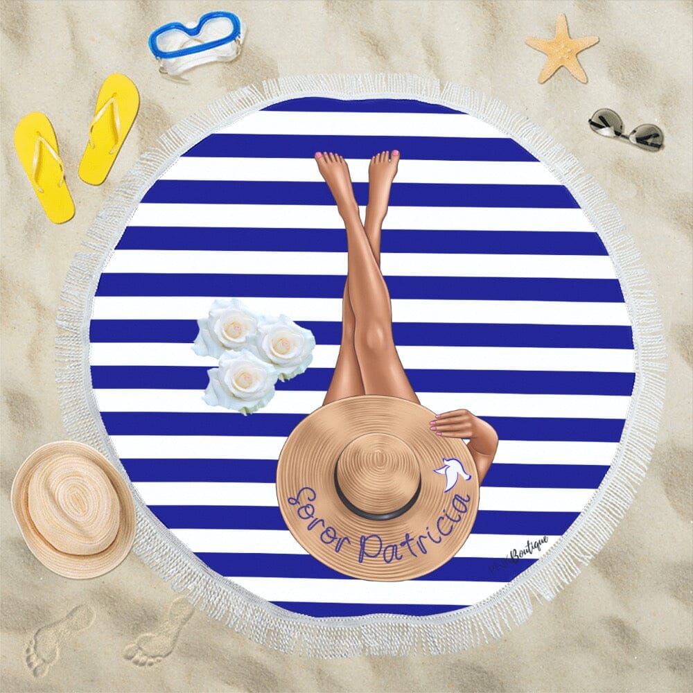 Blue and White Personalized Round Beach Towel