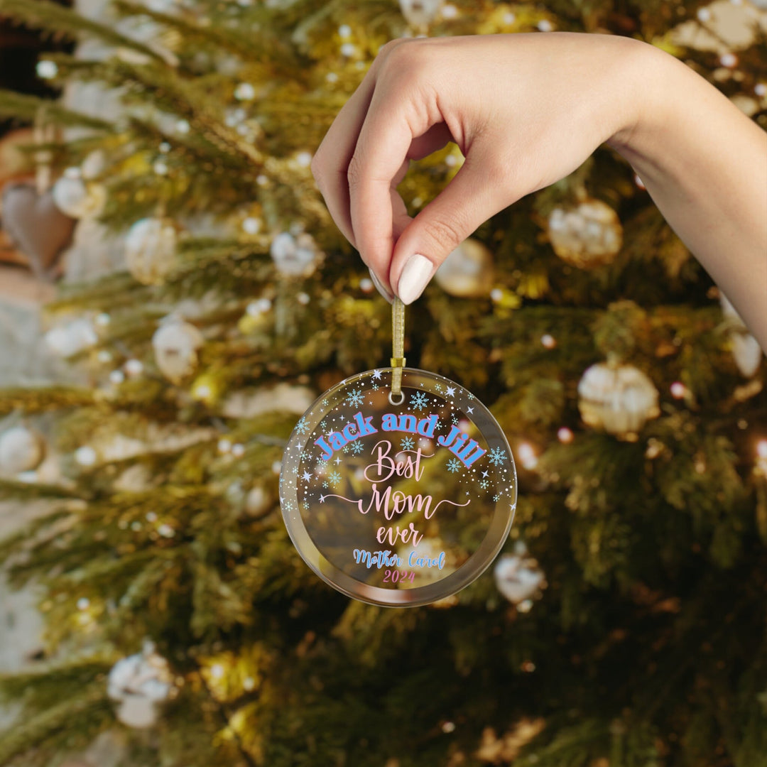 Custom Blue and Pink Best Mom Ever Glass Christmas Ornament