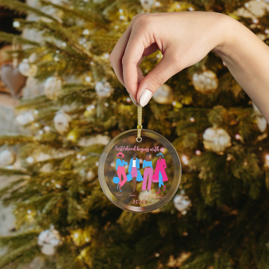 Custom Blue and Pink JJOA Sisterhood Glass Christmas Ornament