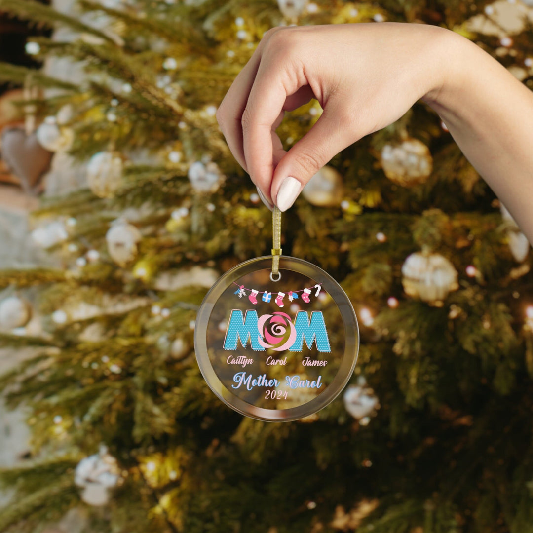 Custom Blue and Pink Mommy Glass Christmas Ornament