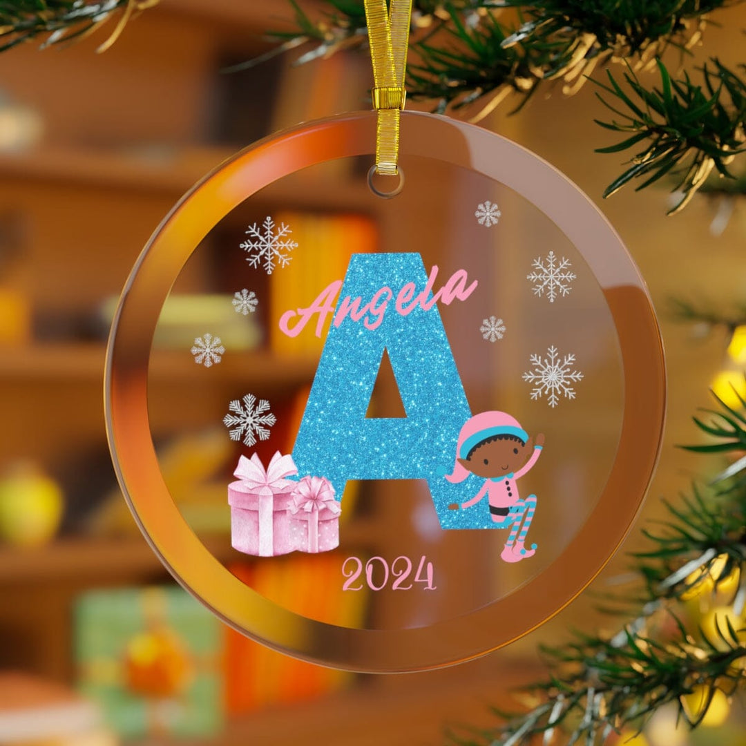 Custom Elf Letter Name Glass Christmas Ornament