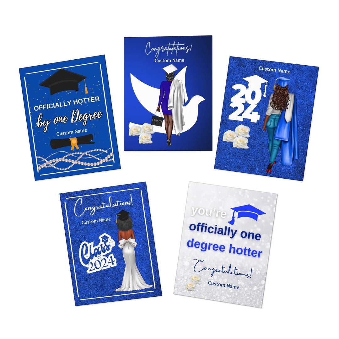 Custom Graduation Blue and White Multi-Design Greeting Cards (5-Pack)