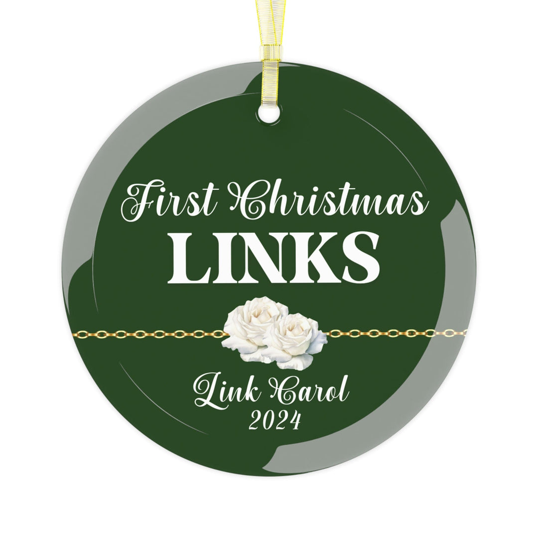 Custom Green and White First Christmas Glass Ornament