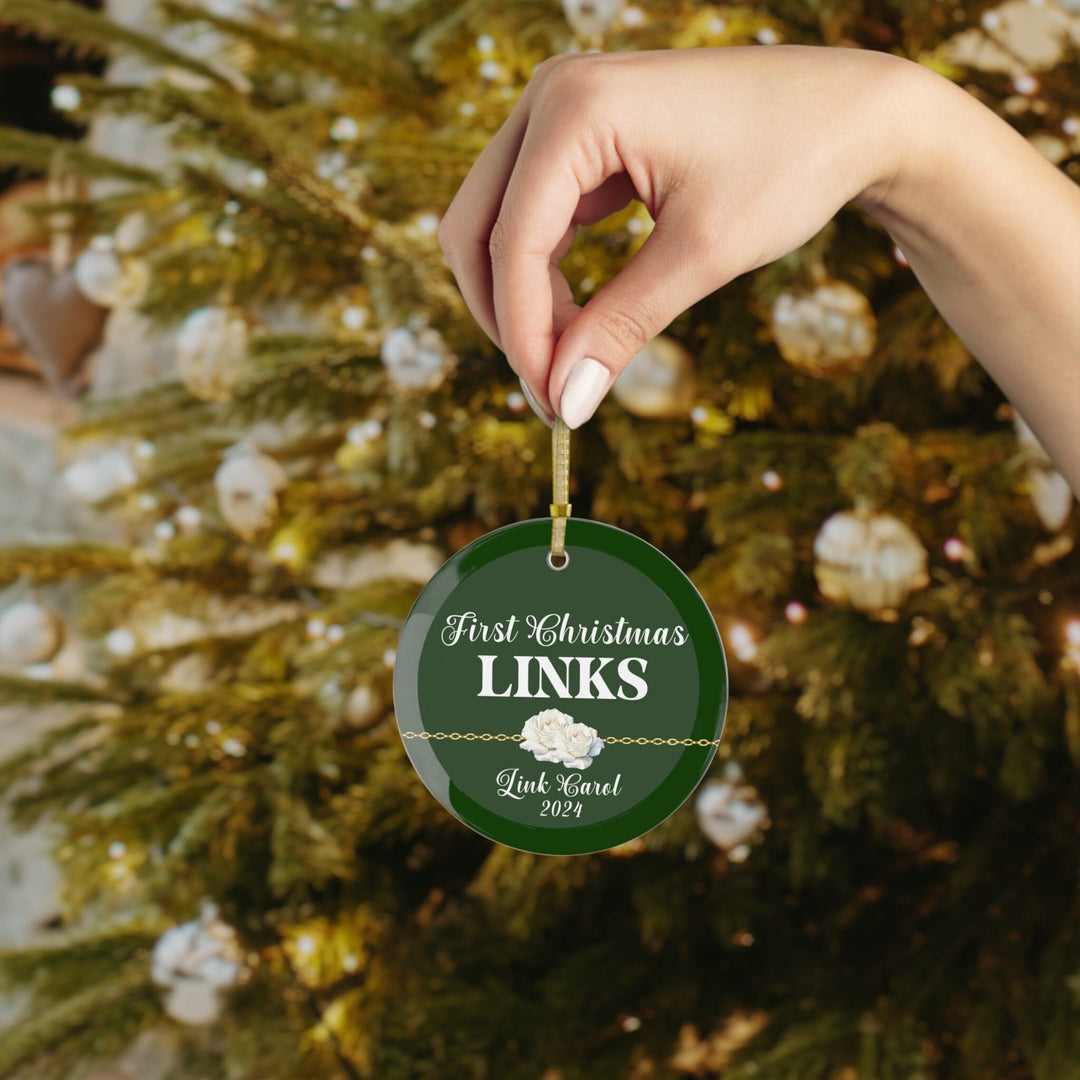 Custom Green and White First Christmas Glass Ornament