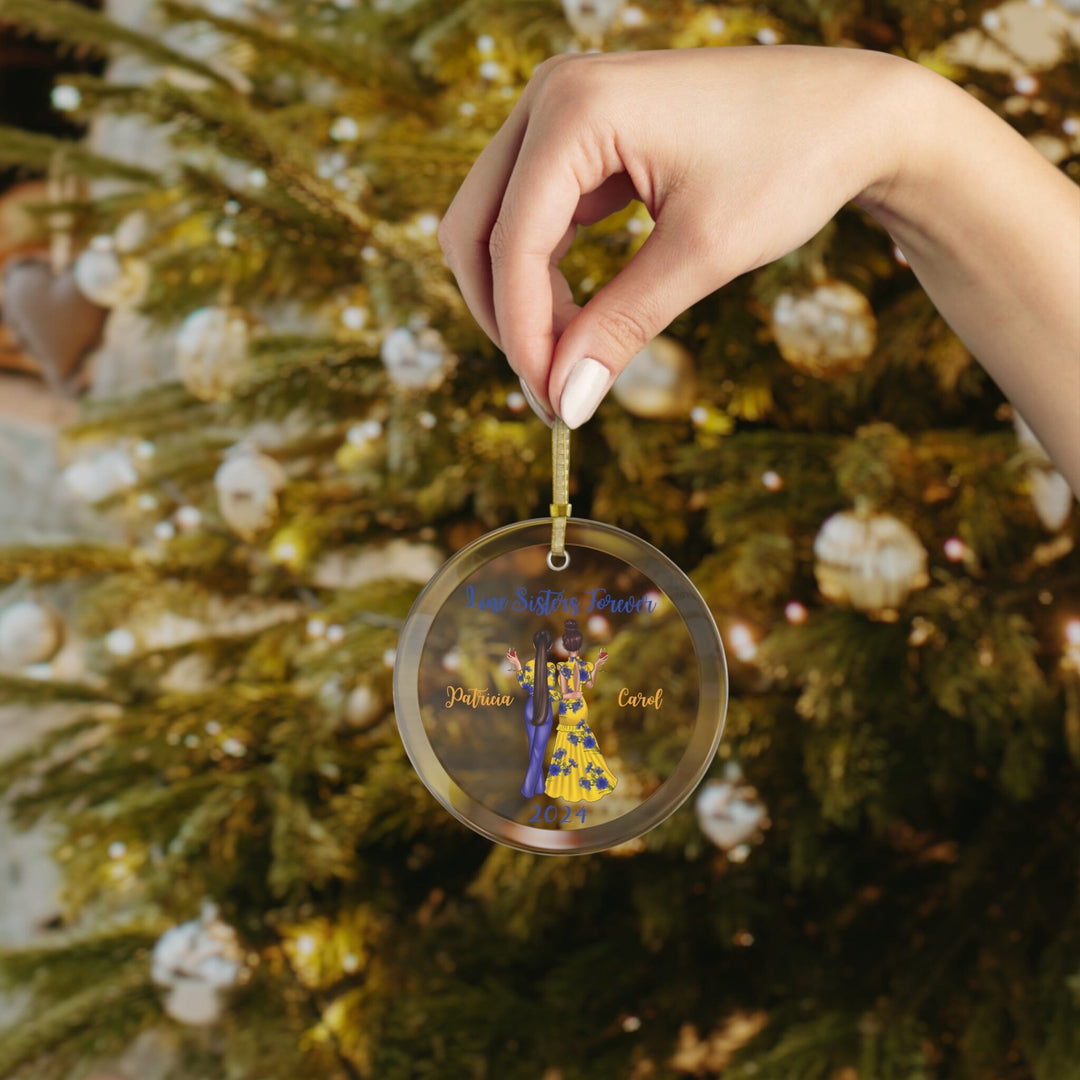 Custom Line Sisters Blue and Gold Glass Christmas Ornament