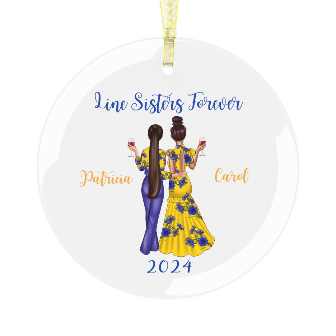 Custom Line Sisters Blue and Gold Glass Christmas Ornament