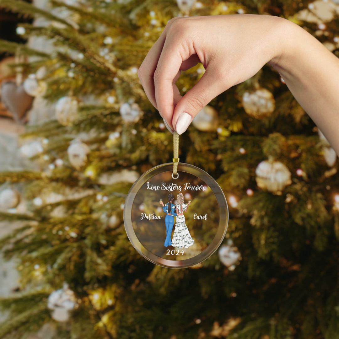 Custom Line Sisters Blue and White Glass Christmas Ornament