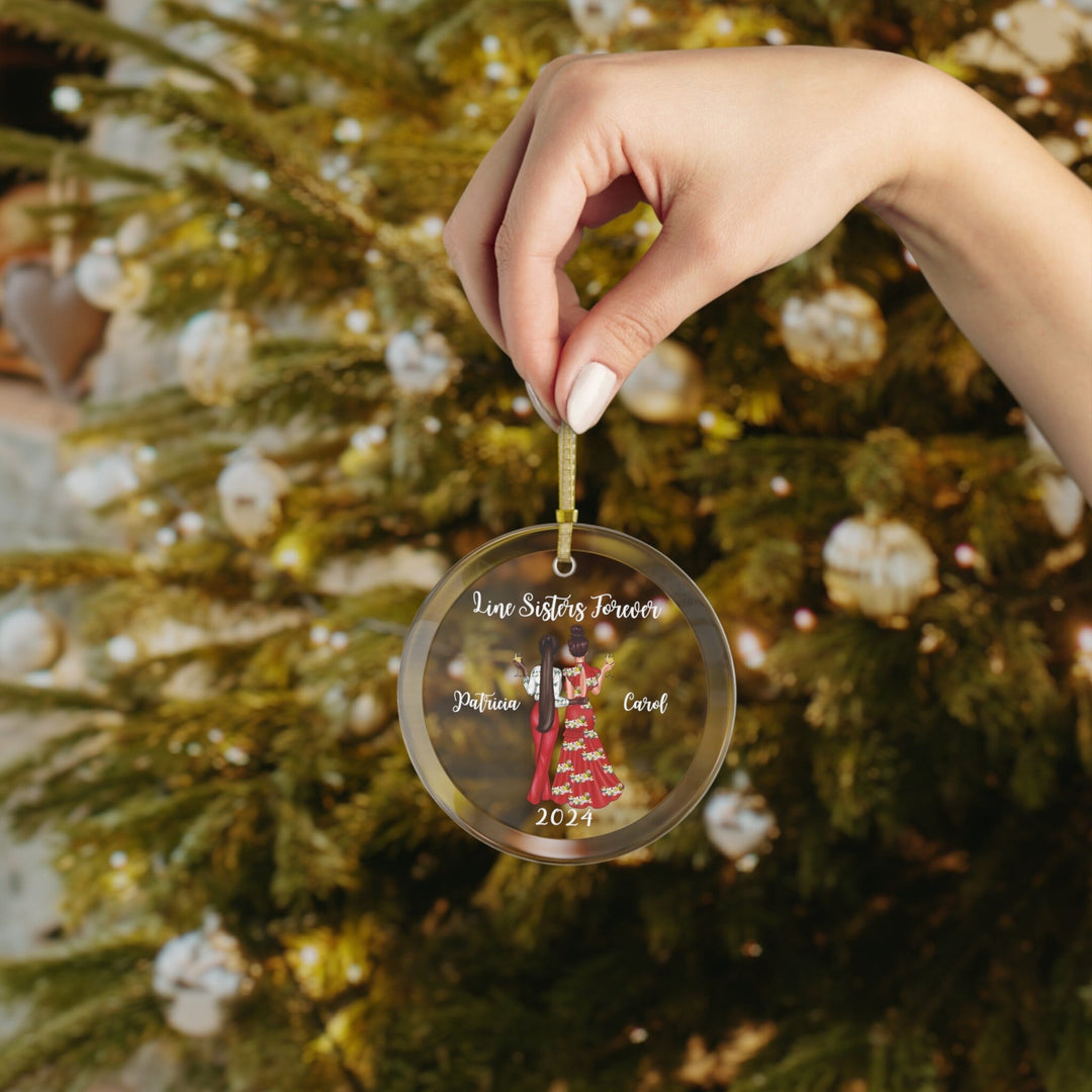 Custom Line Sisters Red and White Glass Christmas Ornament