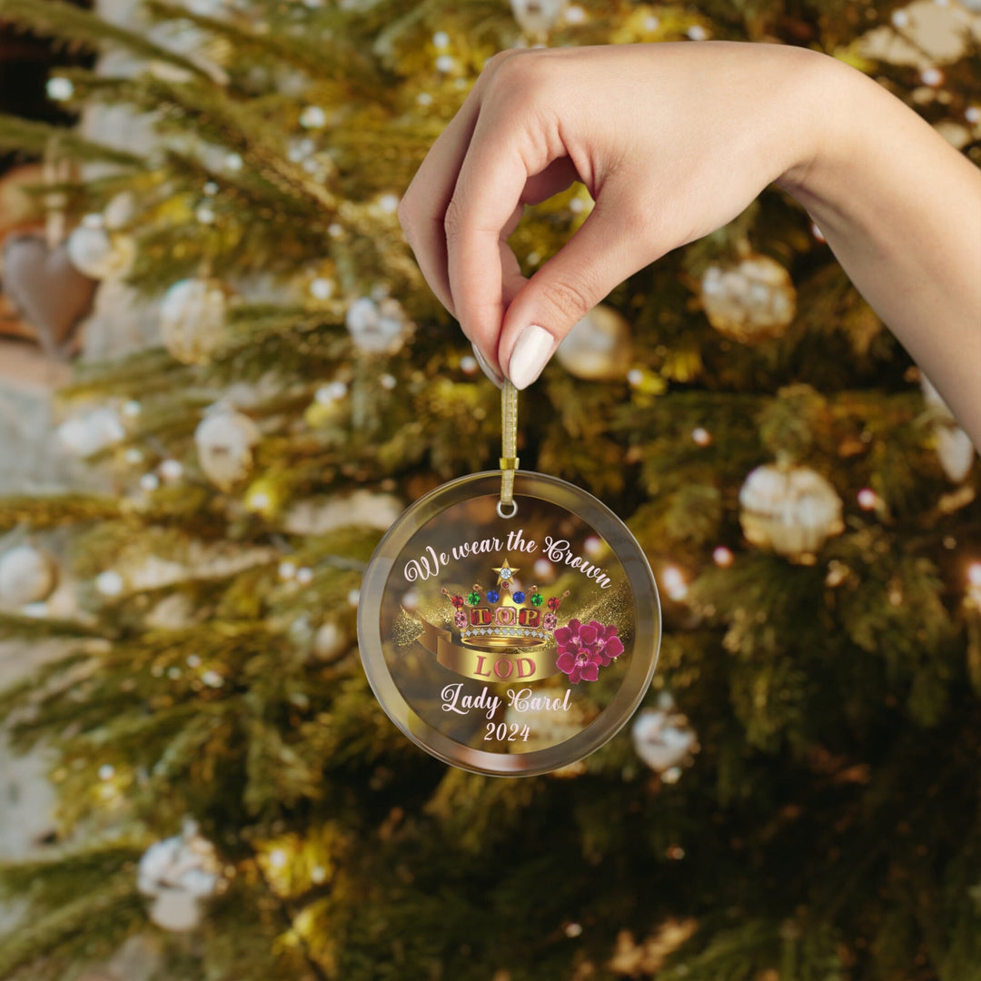 Custom Pink and Gold Top Lady Crown Glass Ornament