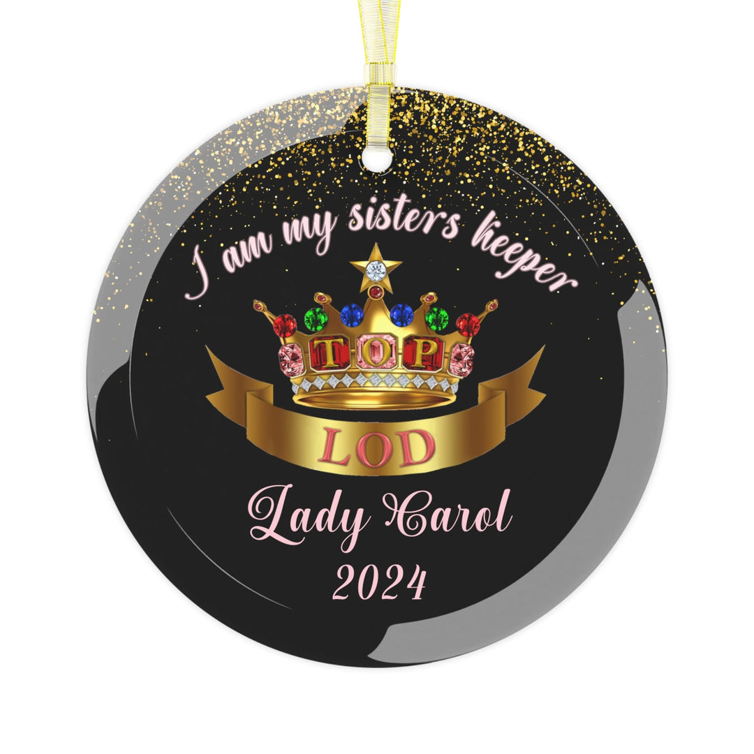 Custom Pink and Gold Top Lady Sisters Keeper Glass Ornament