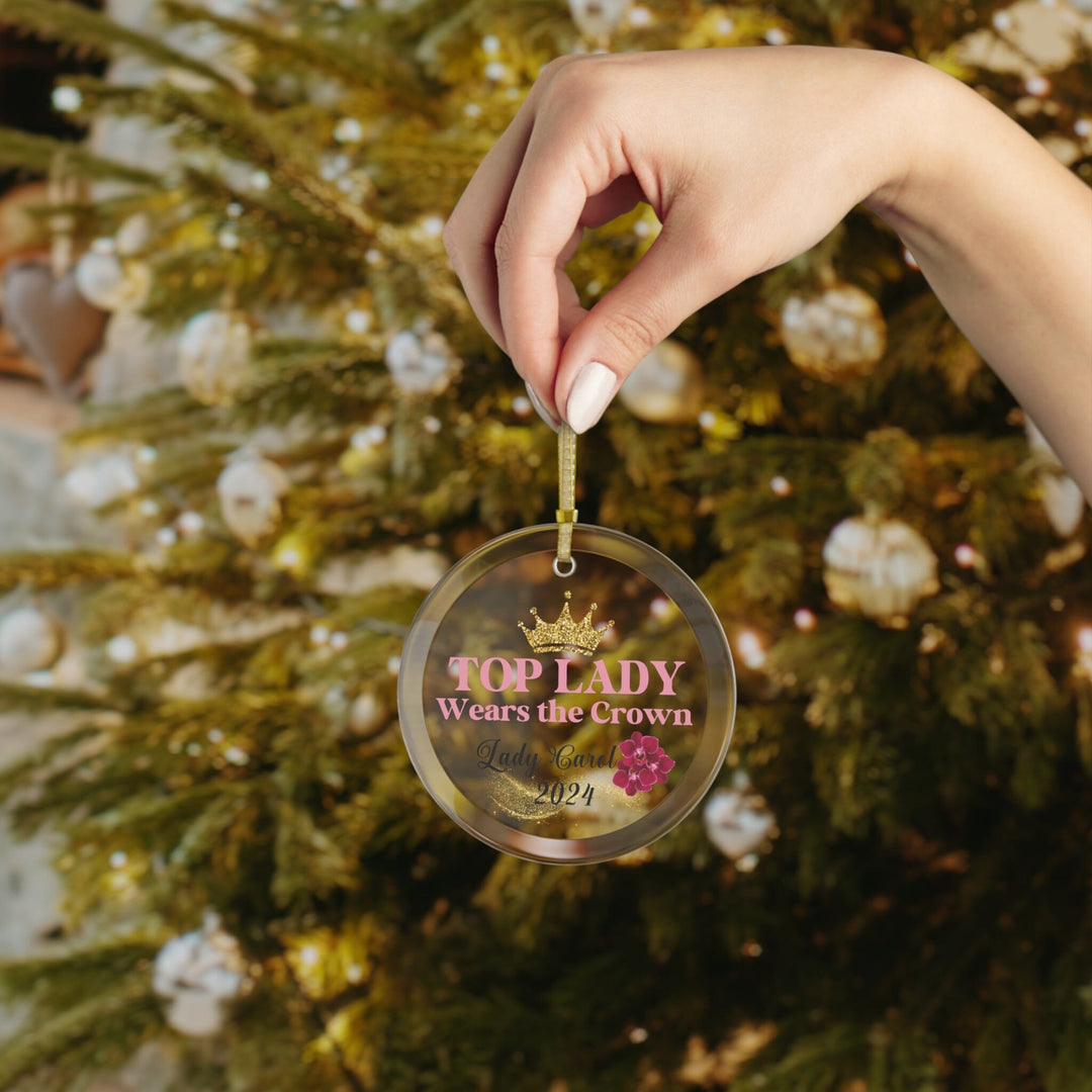 Custom Pink and Gold Top Lady Wear the Crown Glass Ornament