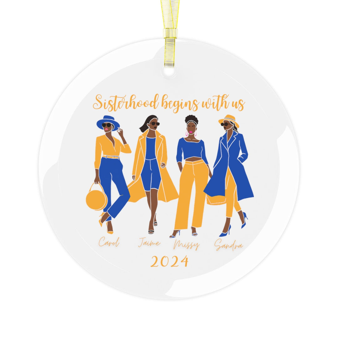 Custom Sisterhood Blue and Gold Glass Christmas Ornament