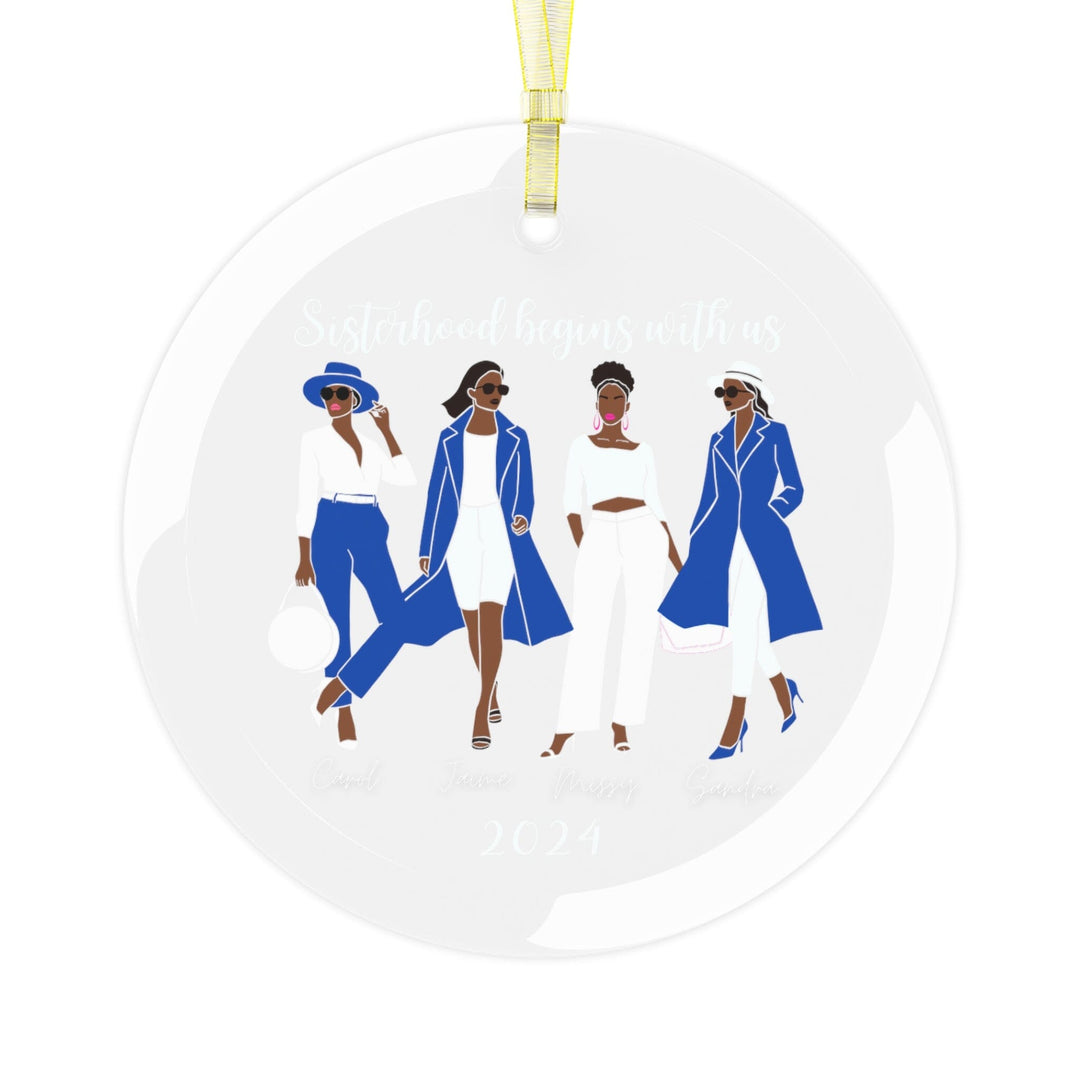 Custom Sisterhood Blue and White Glass Christmas Ornament