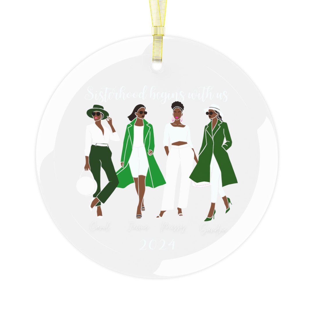 Custom Sisterhood Green and White Glass Christmas Ornament