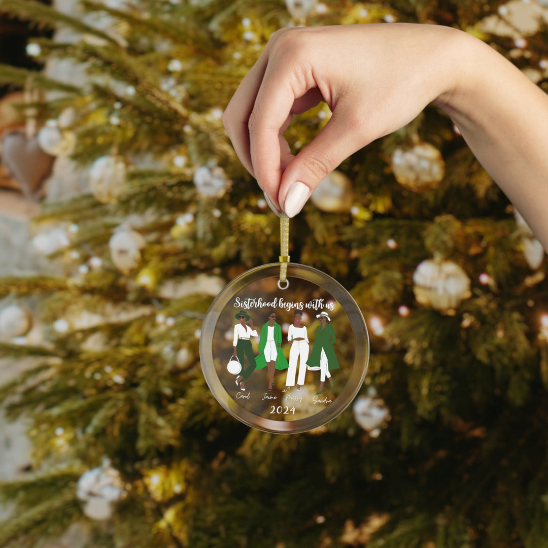 Custom Sisterhood Green and White Glass Christmas Ornament