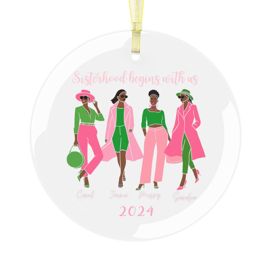 Custom Sisterhood Pink and Green Glass Christmas Ornament