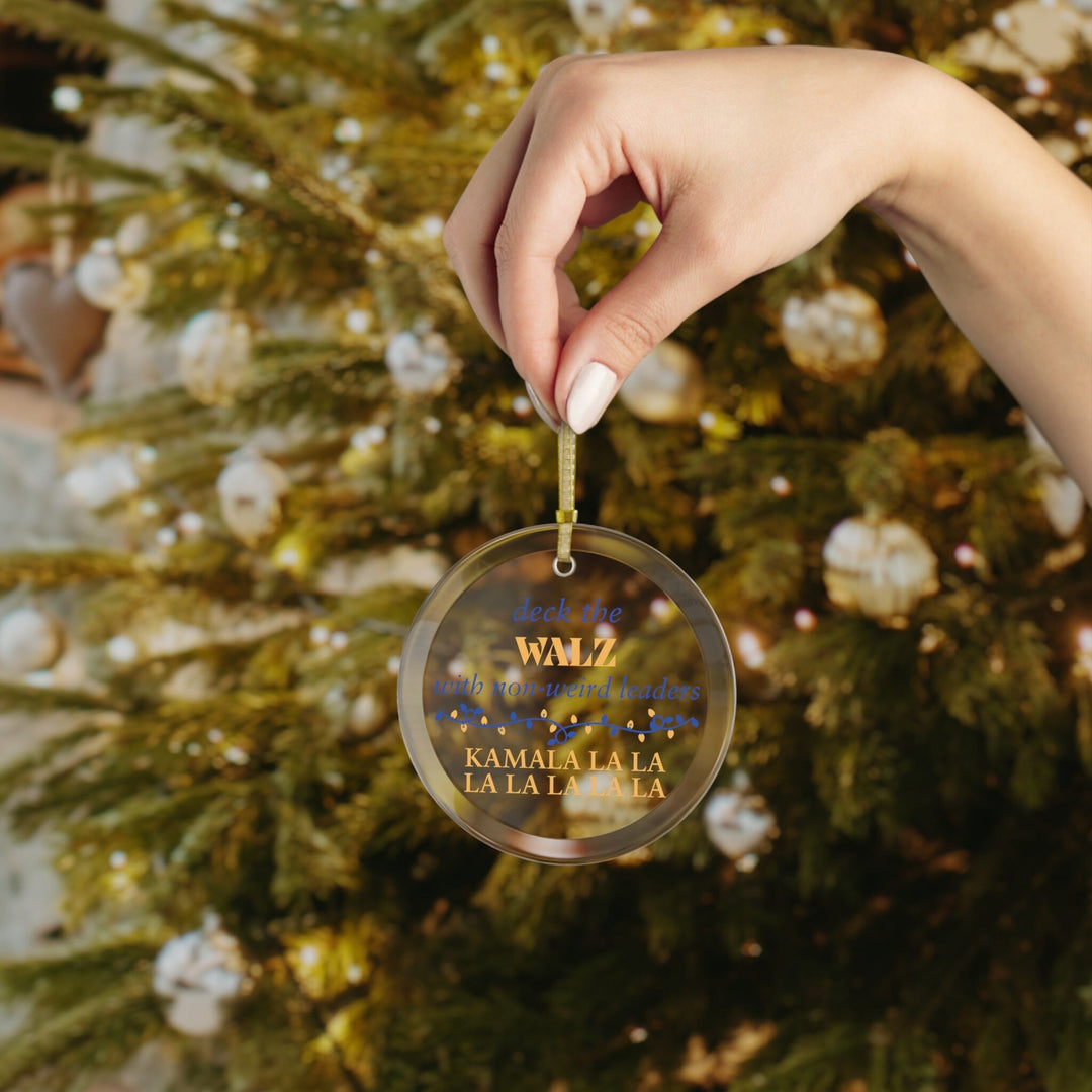 Deck the Walz Kamala Harris Blue and Gold Glass Ornament