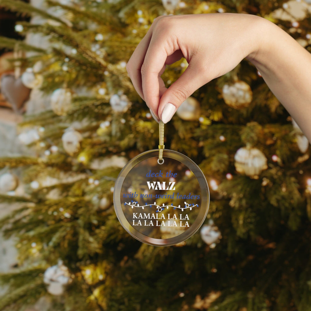 Deck the Walz Kamala Harris Blue and White Glass Ornament