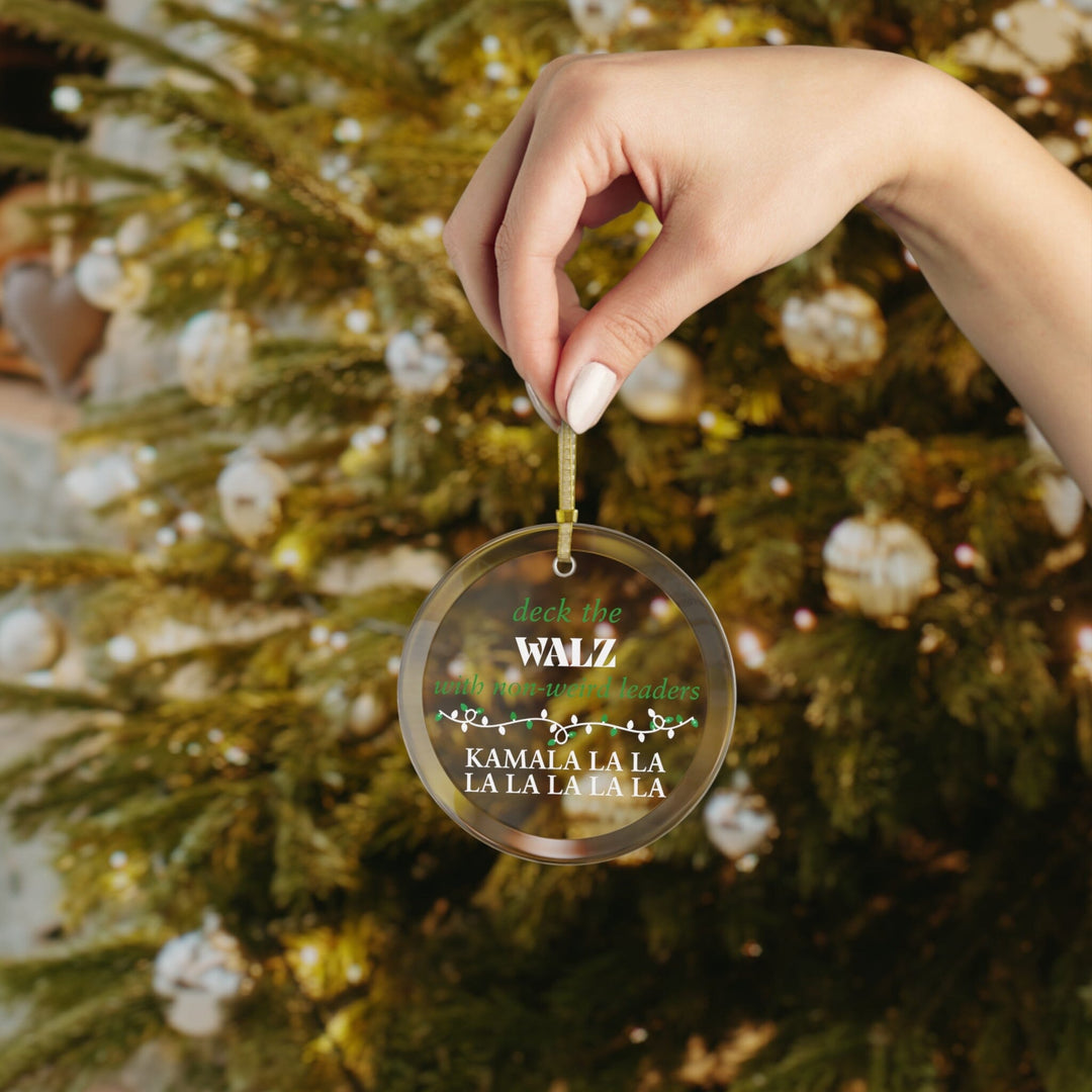 Deck the Walz Kamala Harris Green and White Glass Ornament