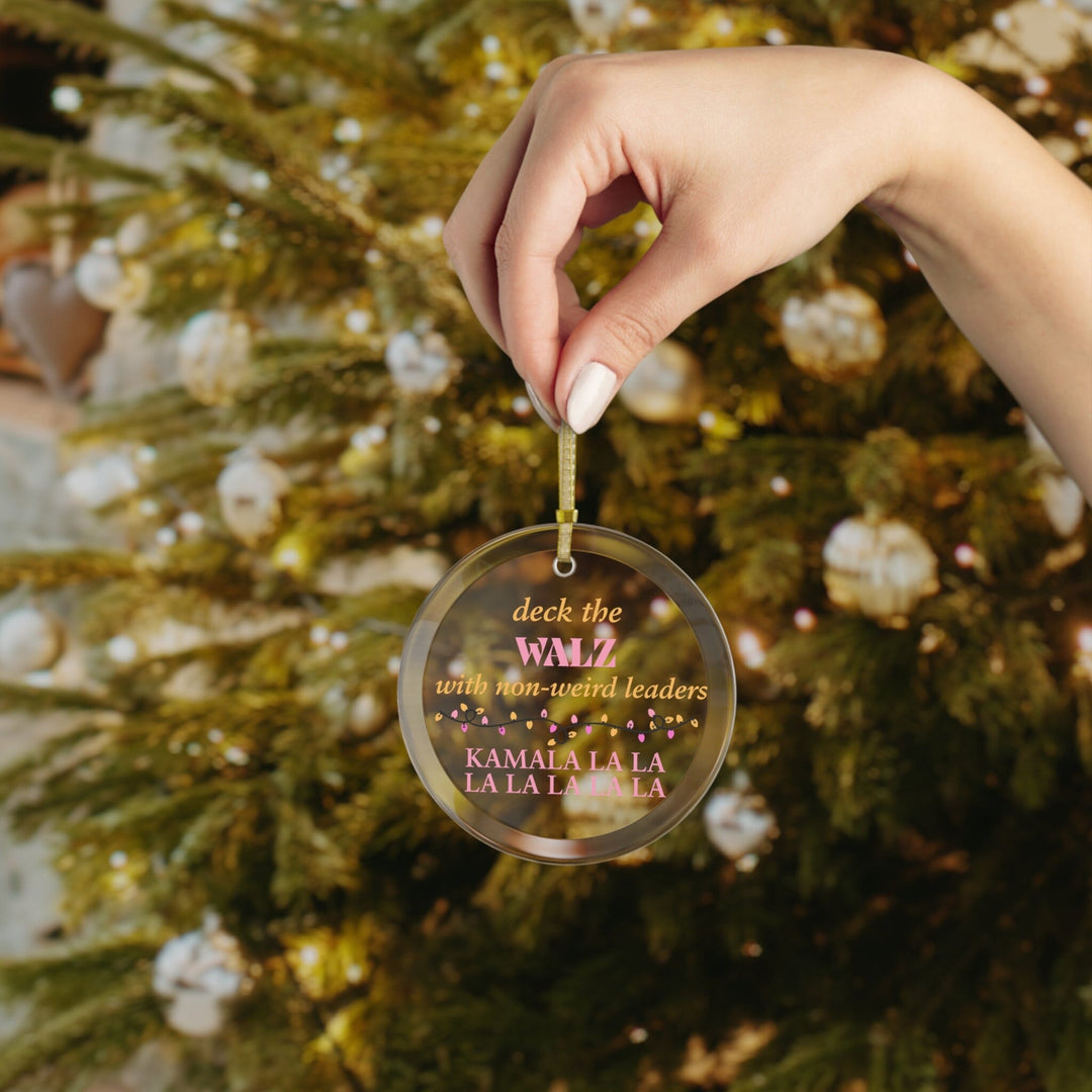 Deck the Walz Kamala Harris Pink and Gold Glass Ornament