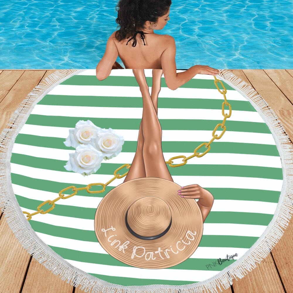 Green and White Personalized Round Beach Towel