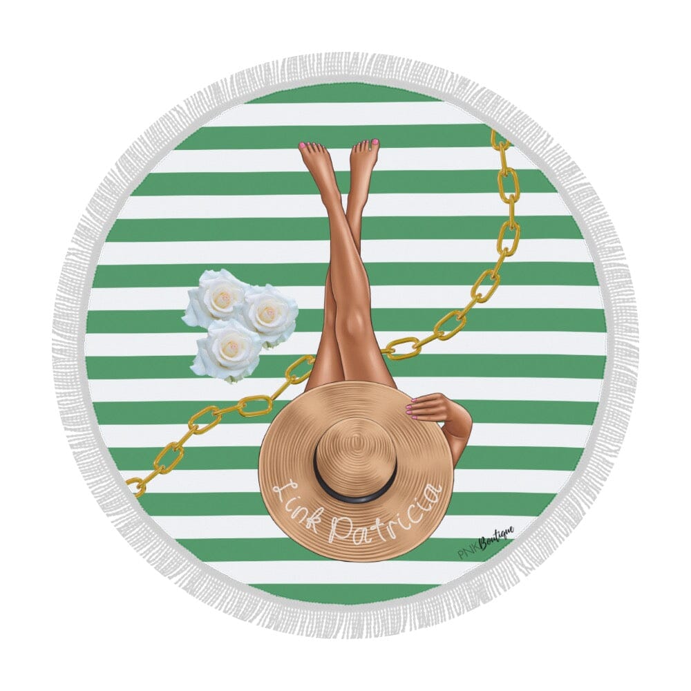 Green and White Personalized Round Beach Towel