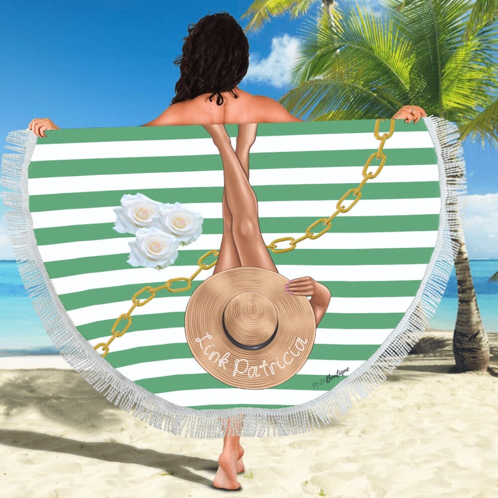 Green and White Personalized Round Beach Towel