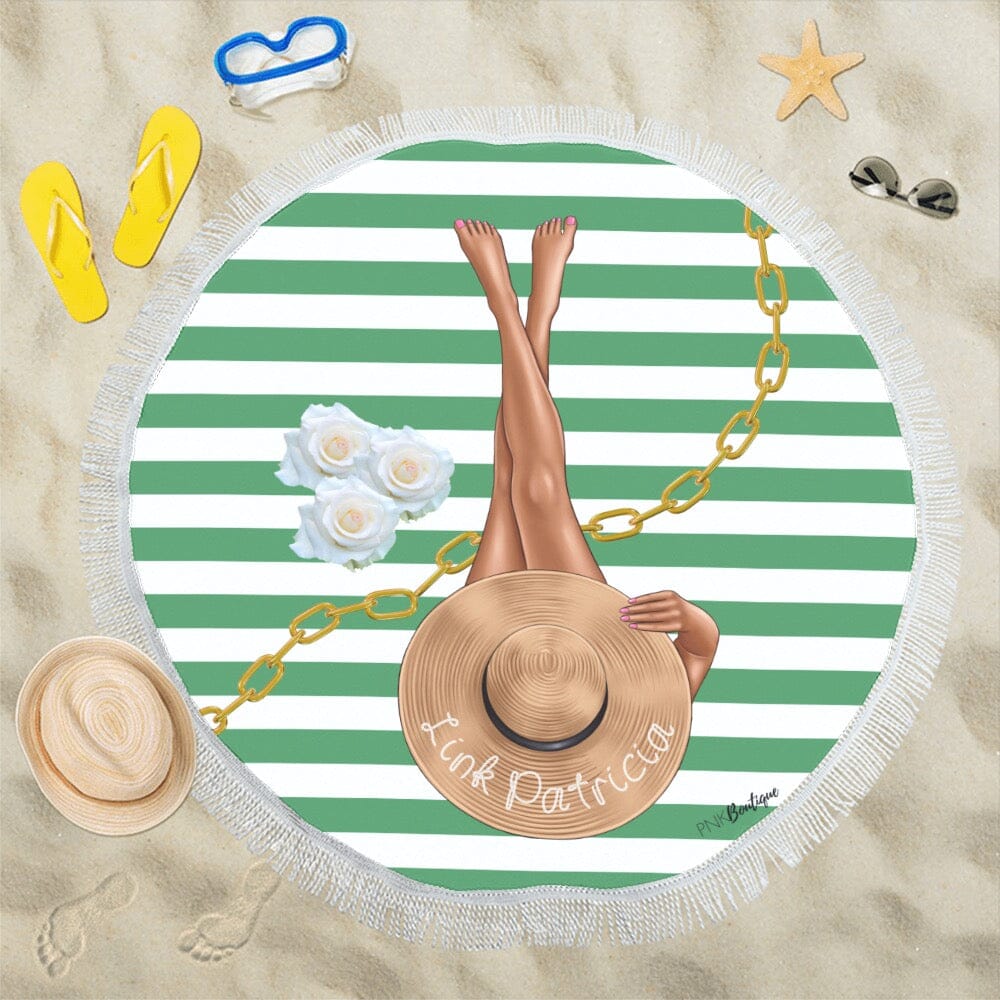 Green and White Personalized Round Beach Towel