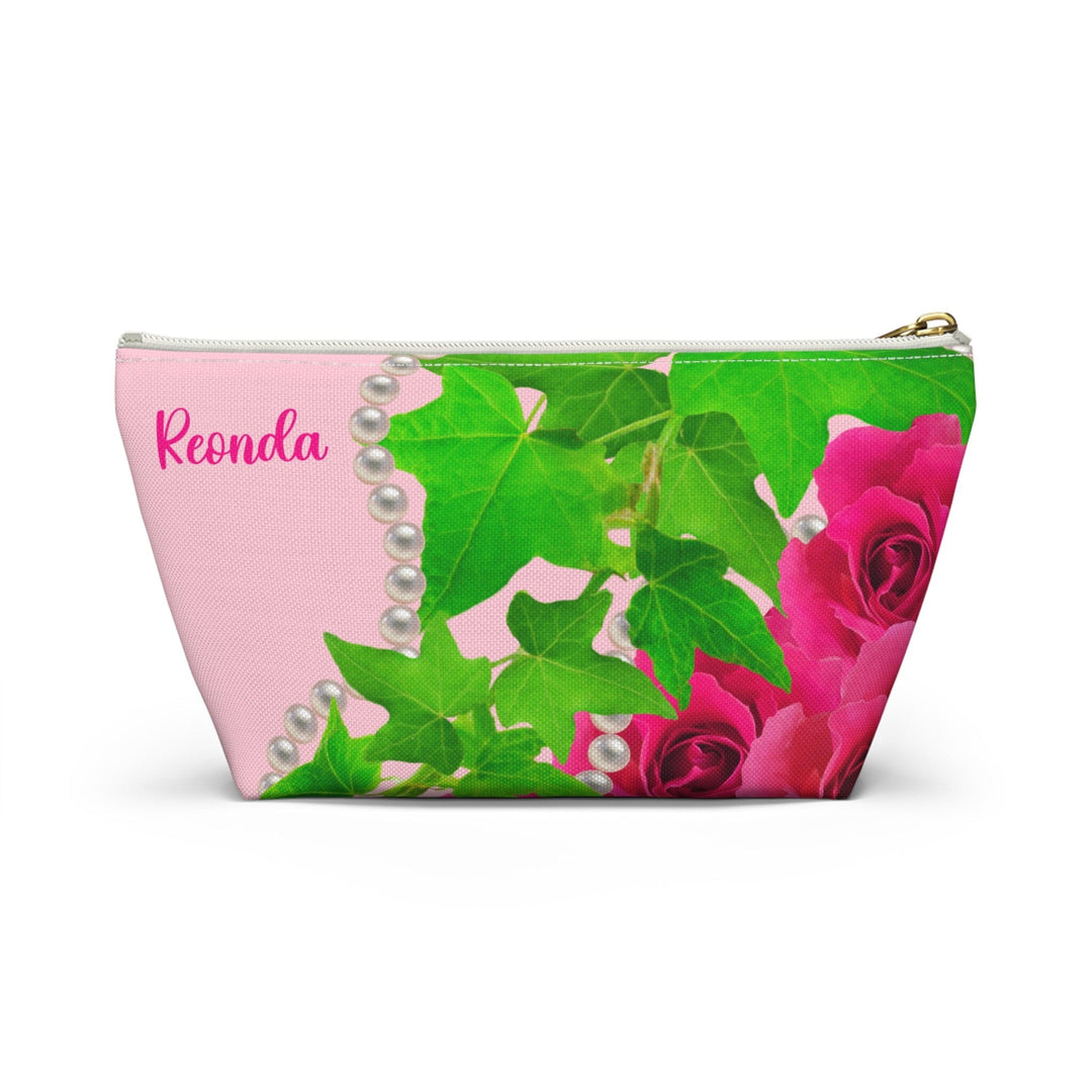 Ivy and Pearls Pink and Green Accessory Pouch w T-bottom