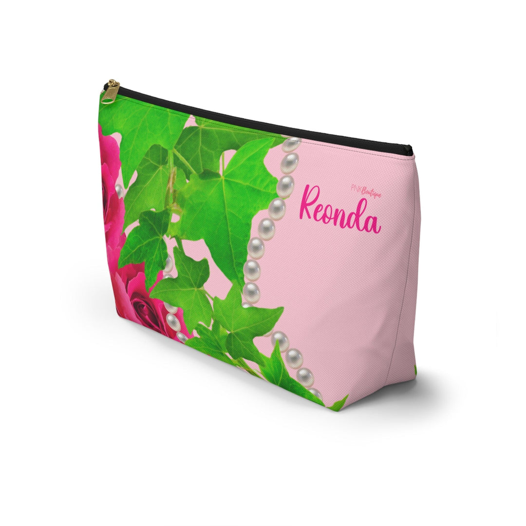 Ivy and Pearls Pink and Green Accessory Pouch w T-bottom