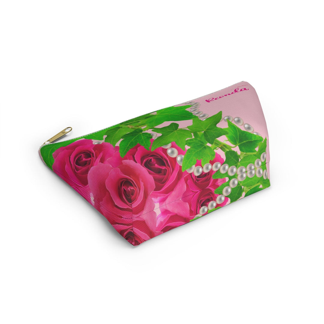 Ivy and Pearls Pink and Green Accessory Pouch w T-bottom