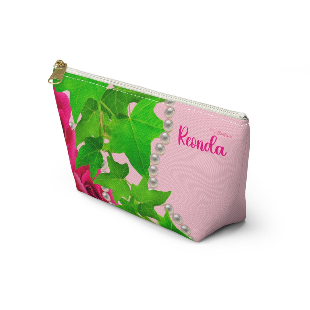 Ivy and Pearls Pink and Green Accessory Pouch w T-bottom