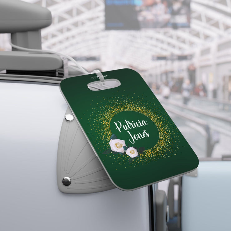 Personalized Gold and White Rose Luggage Tag