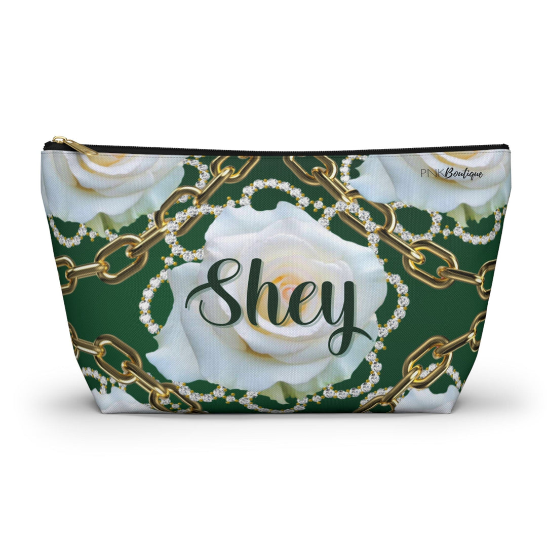 Personalized Green and White Accessory Pouch w T-bottom