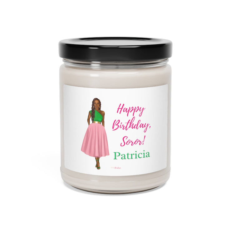 Personalized Greeting Pink and Green Scented Soy Candle, 9oz