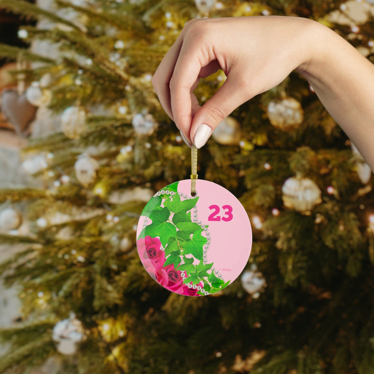 Personalized Ivy and Pearls Pink and Green Glass Ornament