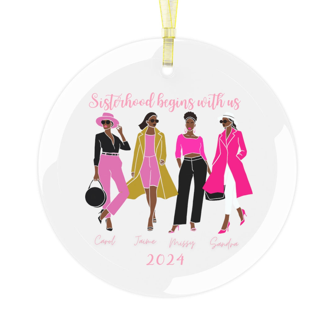 Personalized Sisterhood Pink and Gold Glass Christmas Ornament