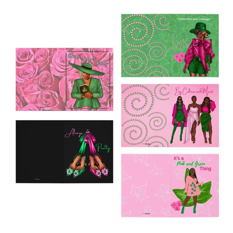 Pink and Green Multi-Design Greeting Cards (5-Pack)