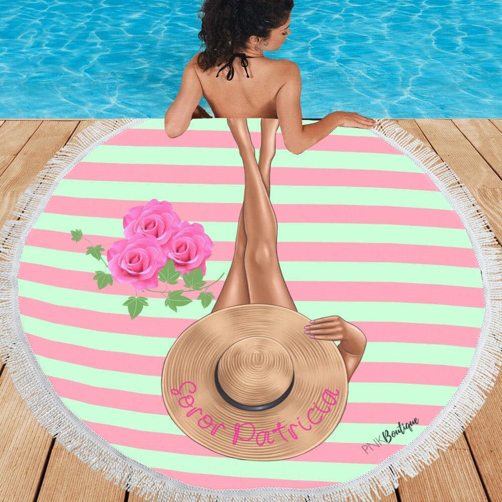 Pink And Green Personalized Round Beach Towel