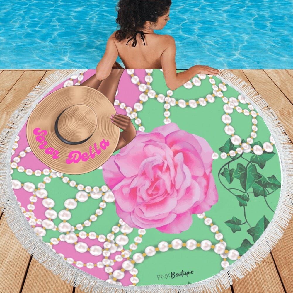 Pink And Green Personalized Round Beach Towel