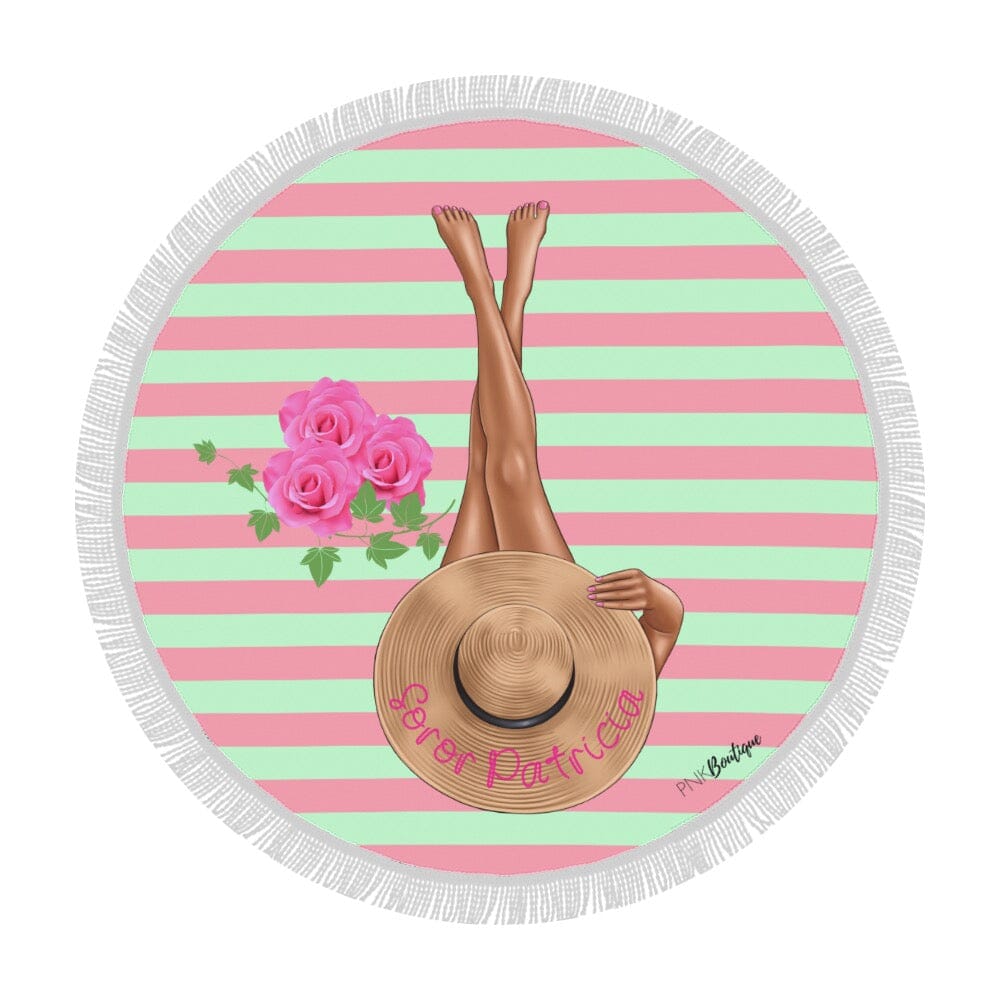 Pink And Green Personalized Round Beach Towel