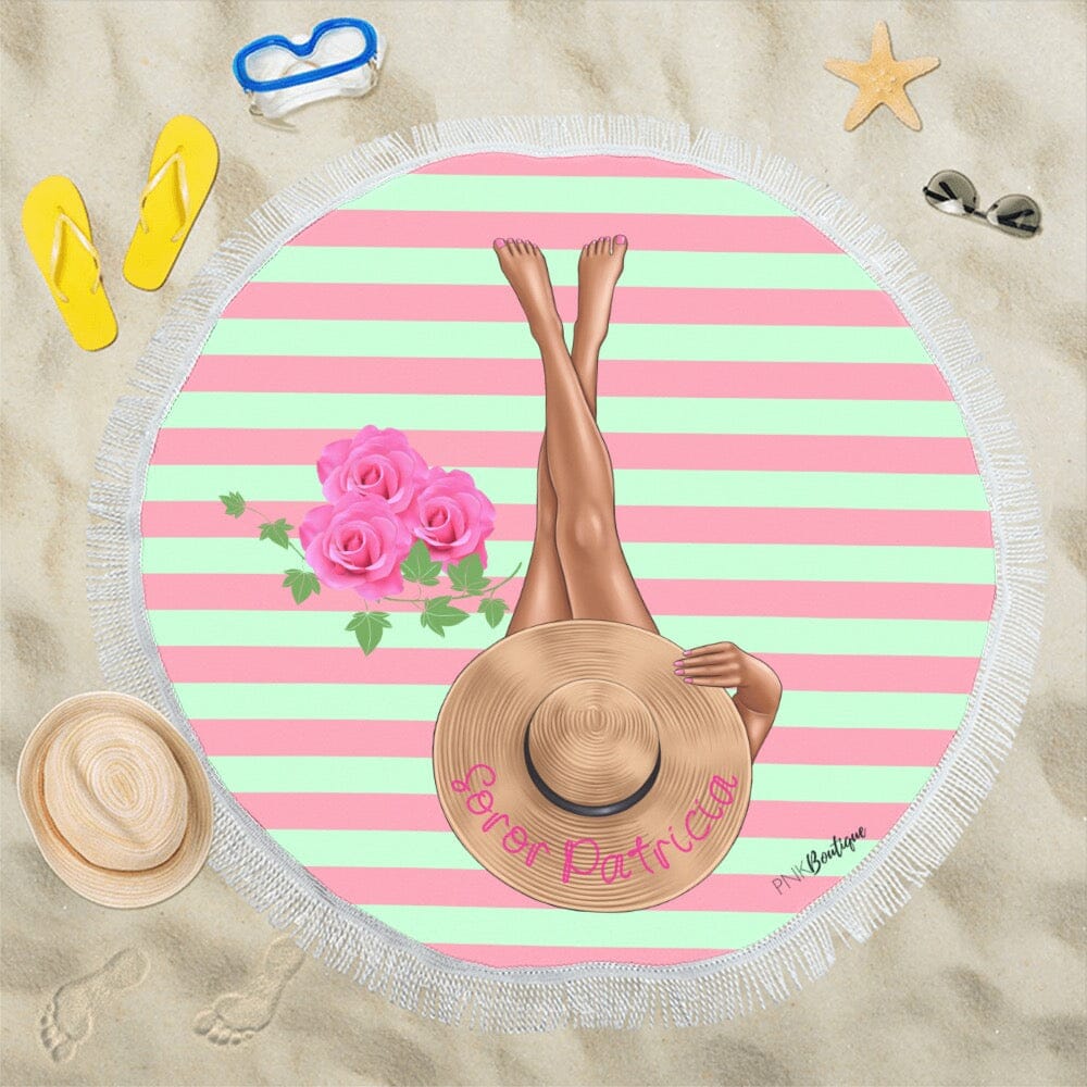 Pink And Green Personalized Round Beach Towel