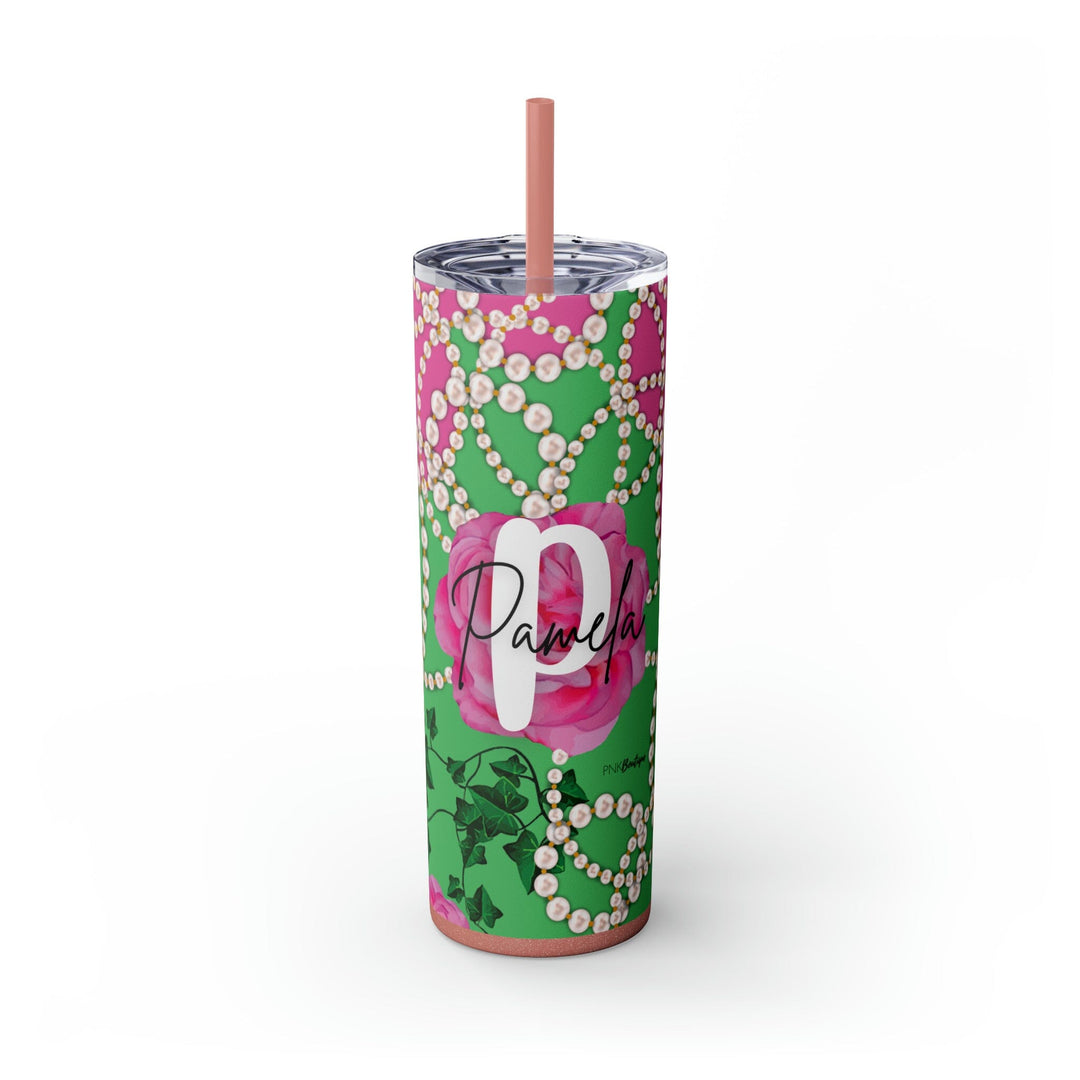 PNK Signature Pink & Green Personalized Skinny Tumbler with Straw, 20oz