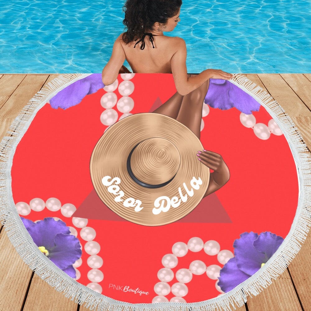 Red and White Personalized Round Beach Towel